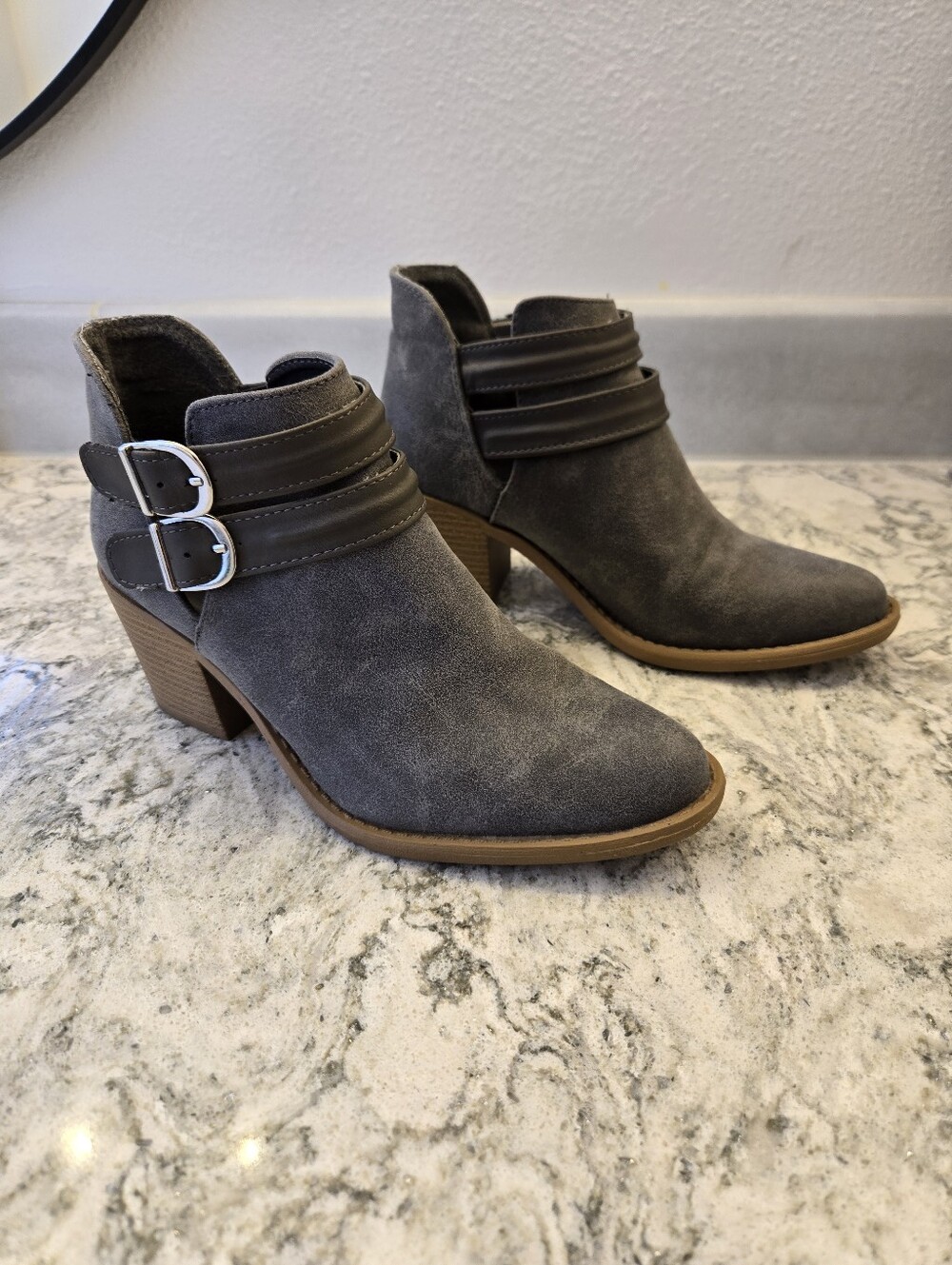 Women's Gray Ankle Booties with Buckle Straps